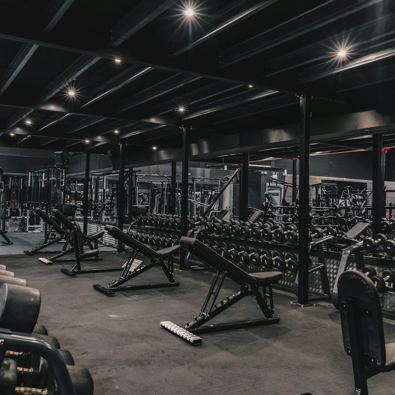 Gym floor with weights and training machines