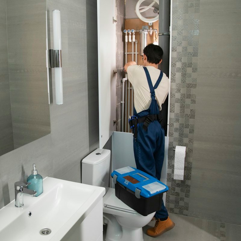 Plumber repairing pipes in a bathroom
